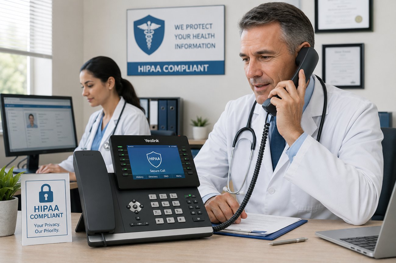 Physician on a HIPAA-compliant desk phone
